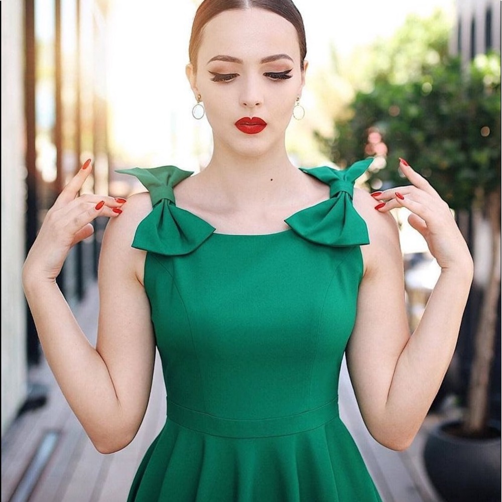Vintage Diva Charlie Bow Swing Retro Pinup Dress In Emerald Green